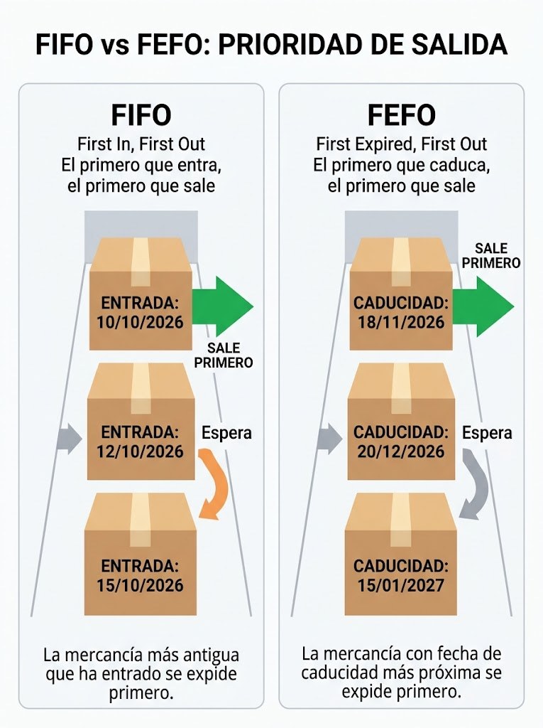 Comparación entre FIFO y FEFO con ejemplos de cajas y fechas