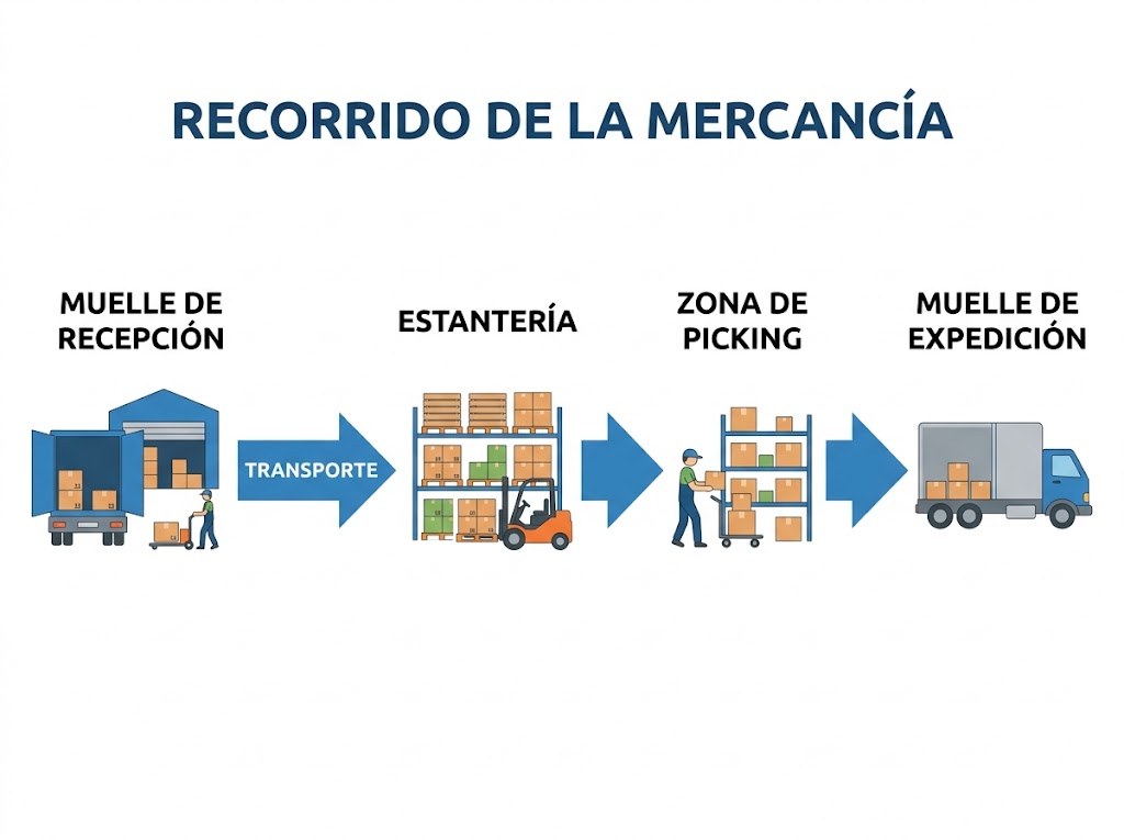Recorrido de la mercancía en el almacén: muelle de recepción, estantería, zona de picking y muelle de expedición