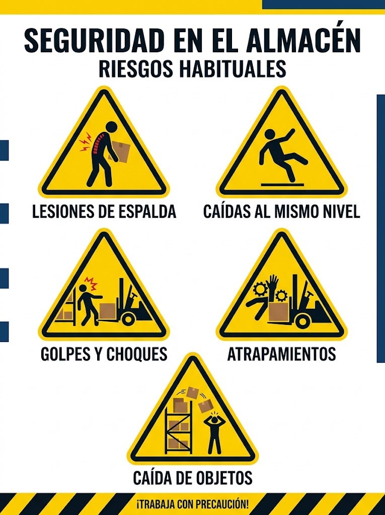 Cartel de seguridad en el almacén con los riesgos habituales: espalda, caídas, golpes, atrapamientos y caída de objetos