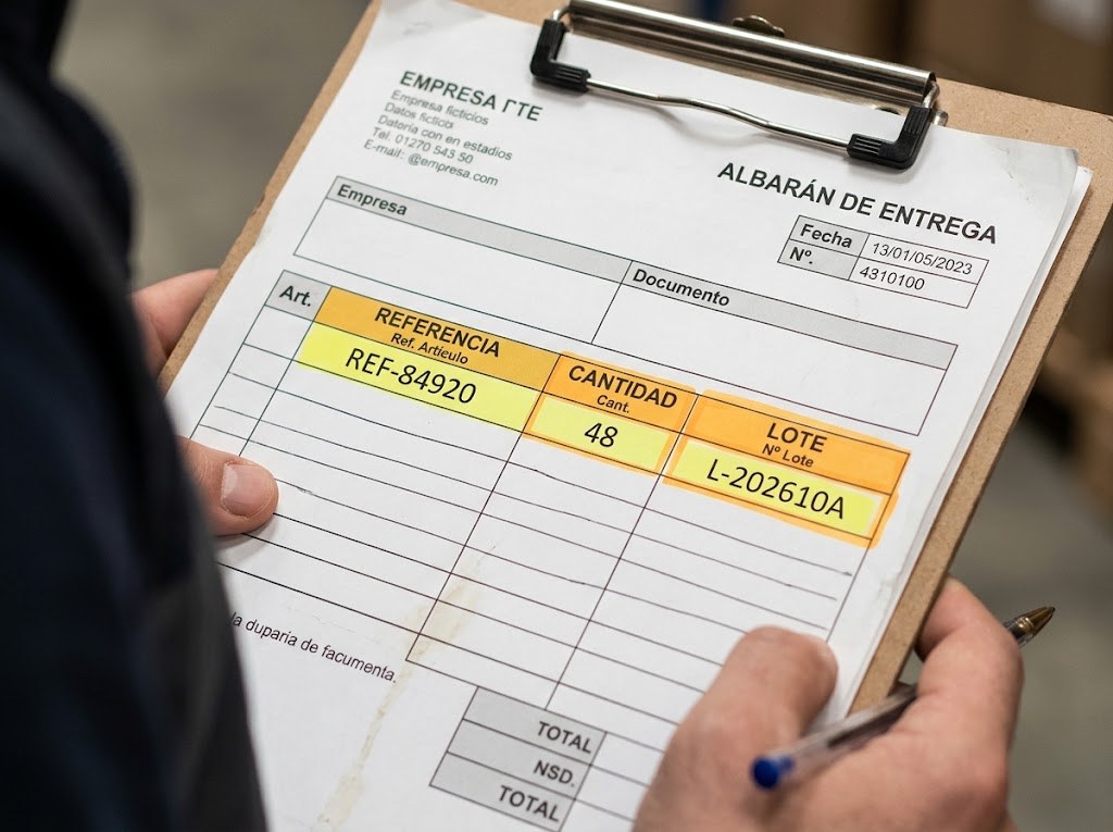 Albarán de entrega con referencia, cantidad y lote resaltados