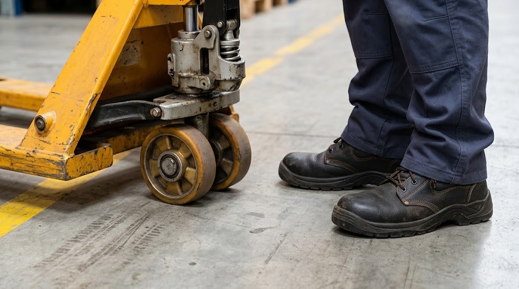 Botas de seguridad junto a las ruedas de una transpaleta manual