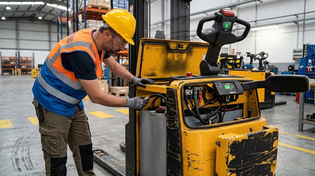 Operario revisando el panel y la batería de una transpaleta eléctrica con el indicador de carga visible