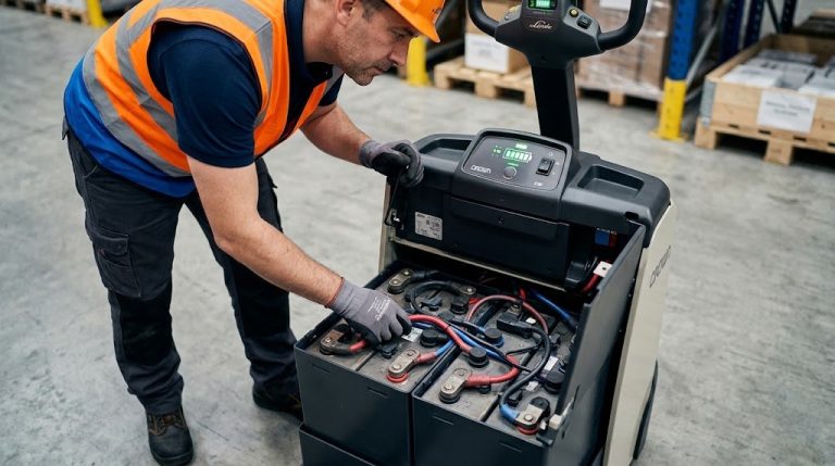 Operario revisando la batería de una transpaleta eléctrica